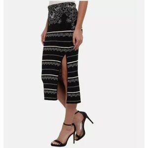 Free People Irreplaceable Pencil Knit Printed Woven Skirt Small Black Slit boho